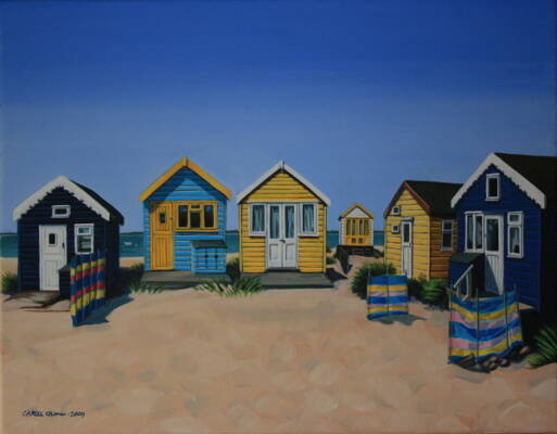 Blue and Yellow Beach Huts - Acrylic on canvas - 350 x 450 mm - Framed