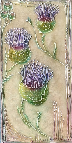 Gesso Thicket of Thistles - Gesso, Pigment - Ceramic Tile - 8x16 - 2018