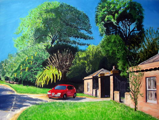 Alfagate - acrylic on canvas 58x78cm - Landscape featuring Keithock House Gatehouse and Alfa Romeo
