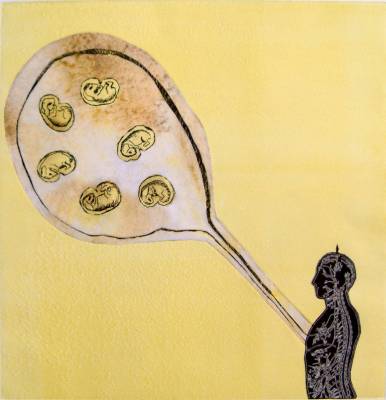 Yellow Loop,  etching, offst monoprint and inkjet chine colle, 30 x 30 cm