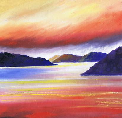 Red Sunset over Loch Tay - Oil on Canvas Board - 30cm x 30 cm