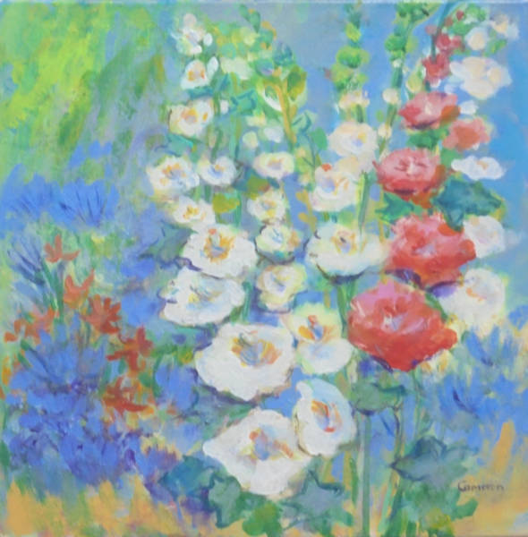 Hollyhocks - Acrylic - 22 x 22 inches - £400 see below