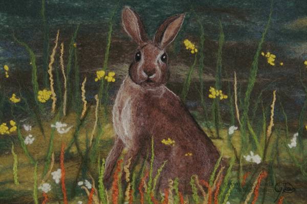 Rabbit and Flowers - Needle Felt Artwork - 35 by 27 cm