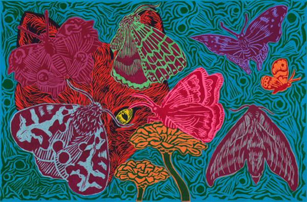 July - Lino-cut collage - from Year of the Fox series