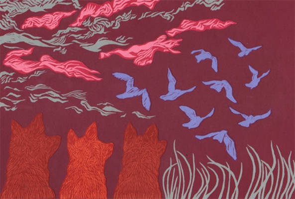 August - Lino-cut collage - from Year of the Fox series