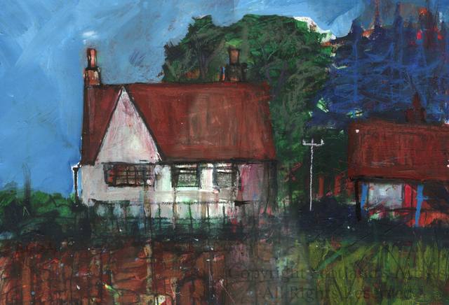 Red Roof Cottages, Moray - 2014 - Mixed Media on Paper - Mounted Size 27.5 X 9cm