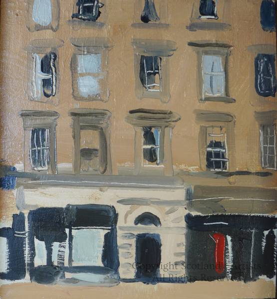 Shop Fronts, West End, Glasgow - Oil on Card - 14 x 15.5 cm