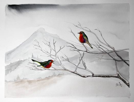 Robin bird in fron of Benachie, watercolour and ink
